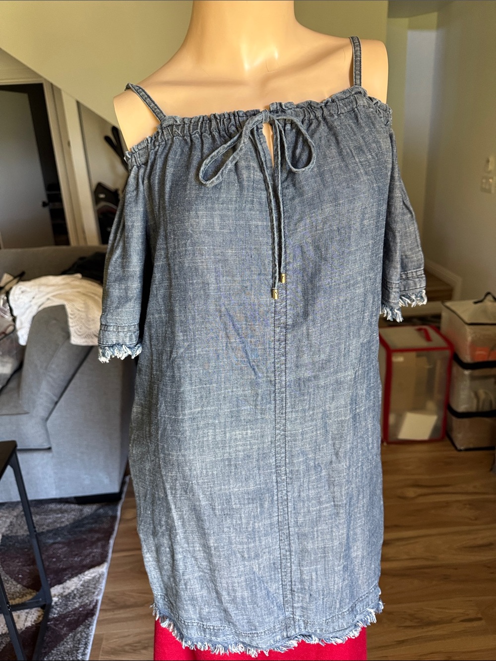 Trina Turk Denim-Look Off-Shoulder Shift Dress in Washed Blue P 13